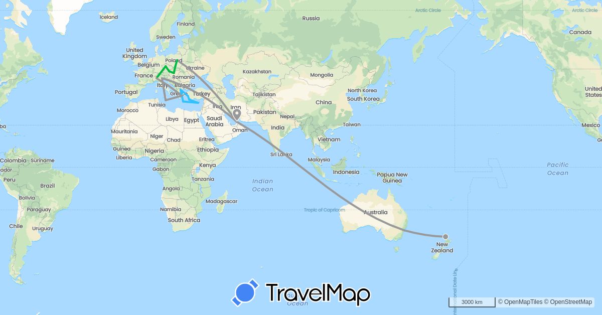 TravelMap itinerary: driving, bus, plane, boat in United Arab Emirates, Austria, Australia, Cyprus, Czech Republic, Greece, Hungary, Italy, Malta, New Zealand, Poland, Turkey (Asia, Europe, Oceania)